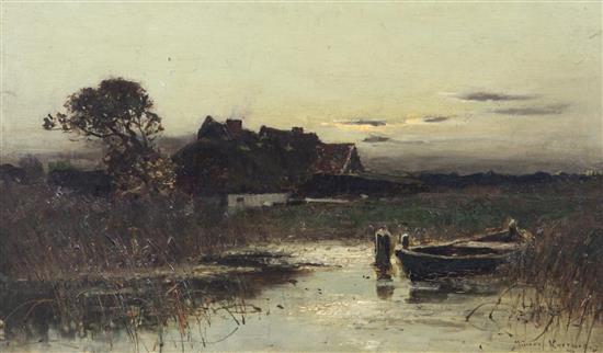 Konrad Alexander Muller-Kurzwelly (German, 1855-1914) Punt and farmhouse at sunset 8 x 13.5in.